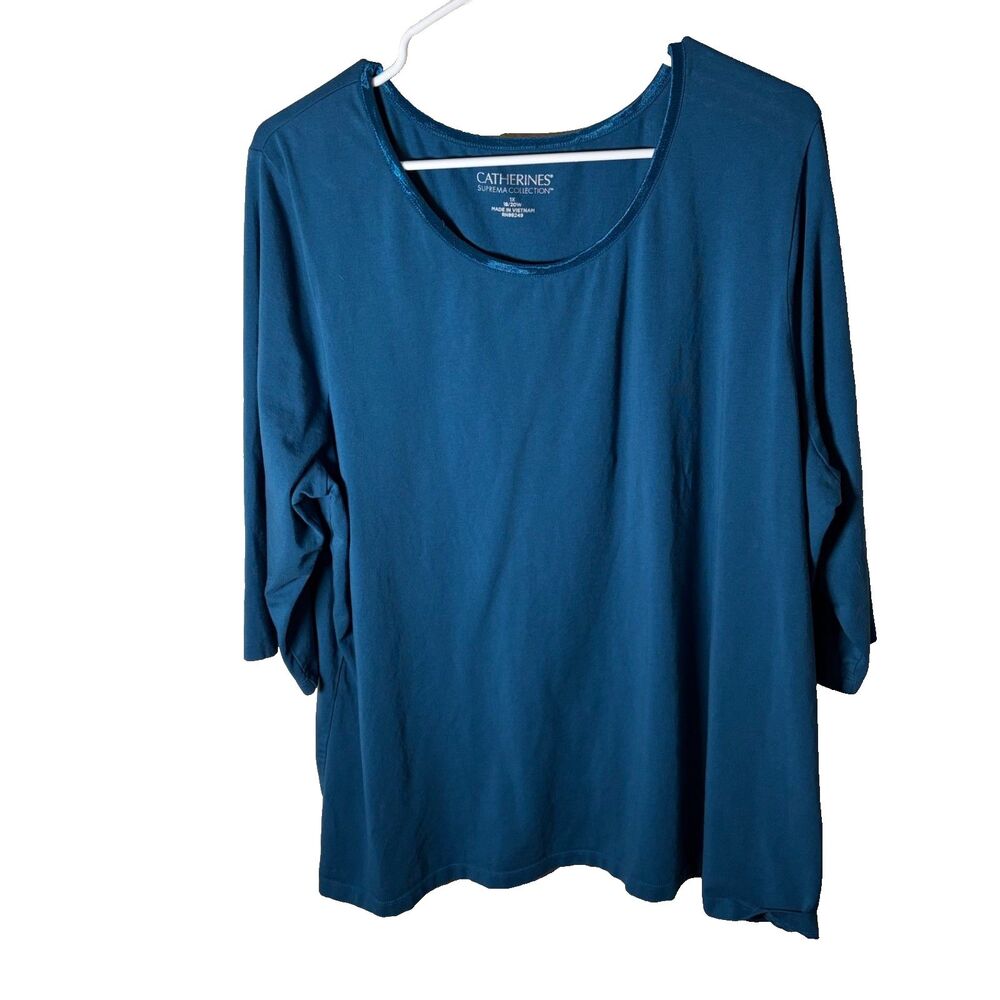 Catherines T-Shirt Women's 1X Blue Round Neck 3/4 Sleeve Basic Casual Top